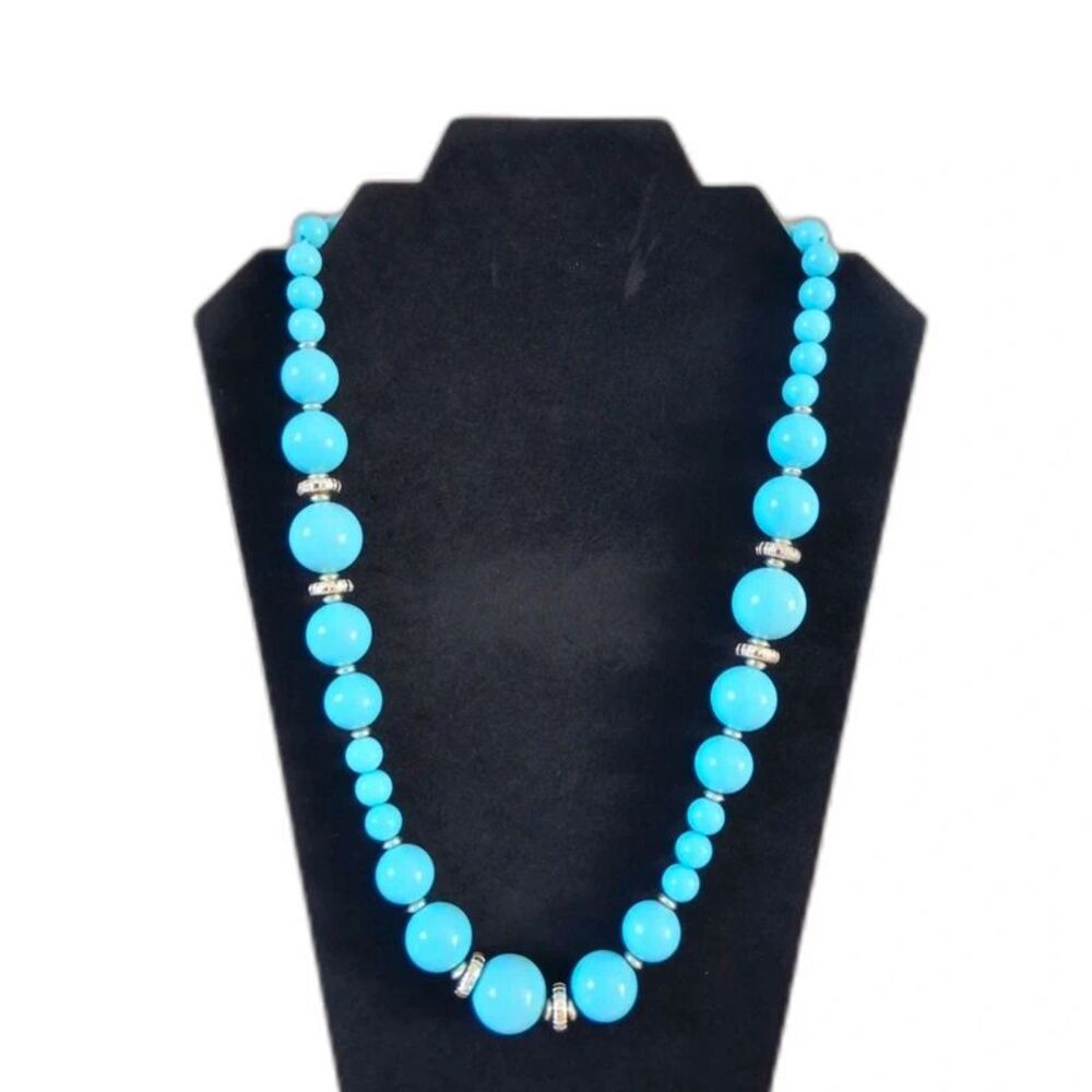 Turquoise Blue Silver Toned Round Graduated Acrylic Beaded Statement Necklace